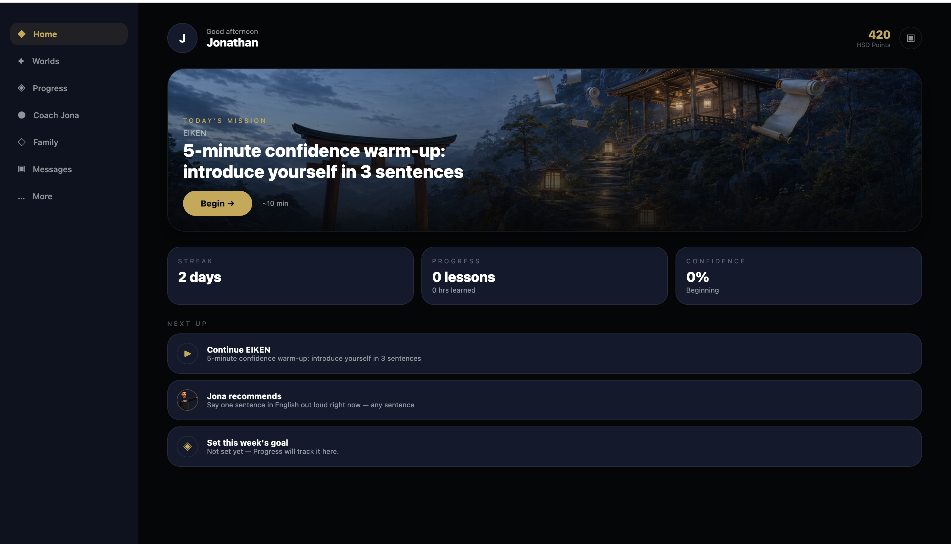 The HSD OS AI Home screen: today's mission, streak, progress, confidence, and Jona's recommendation